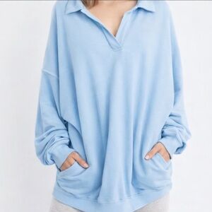 AERIE Happy Henley Everyday Polo Oversized Pullover Sweatshirt- Baby Blue